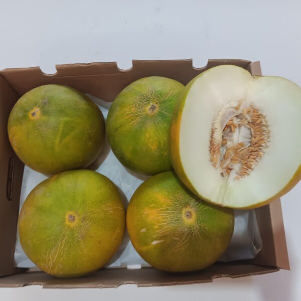 Caja de limelones ecológicos frescos, con uno cortado para mostrar su pulpa jugosa