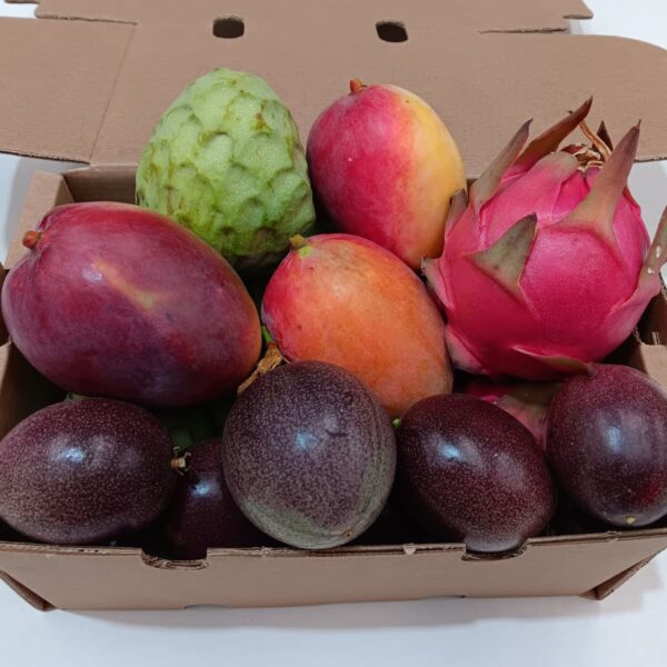 Caja Exclusiva Exótica con mango Sensación, chirimoya, pitaya y maracuyá ecológicas de Mediterranean Farmers.