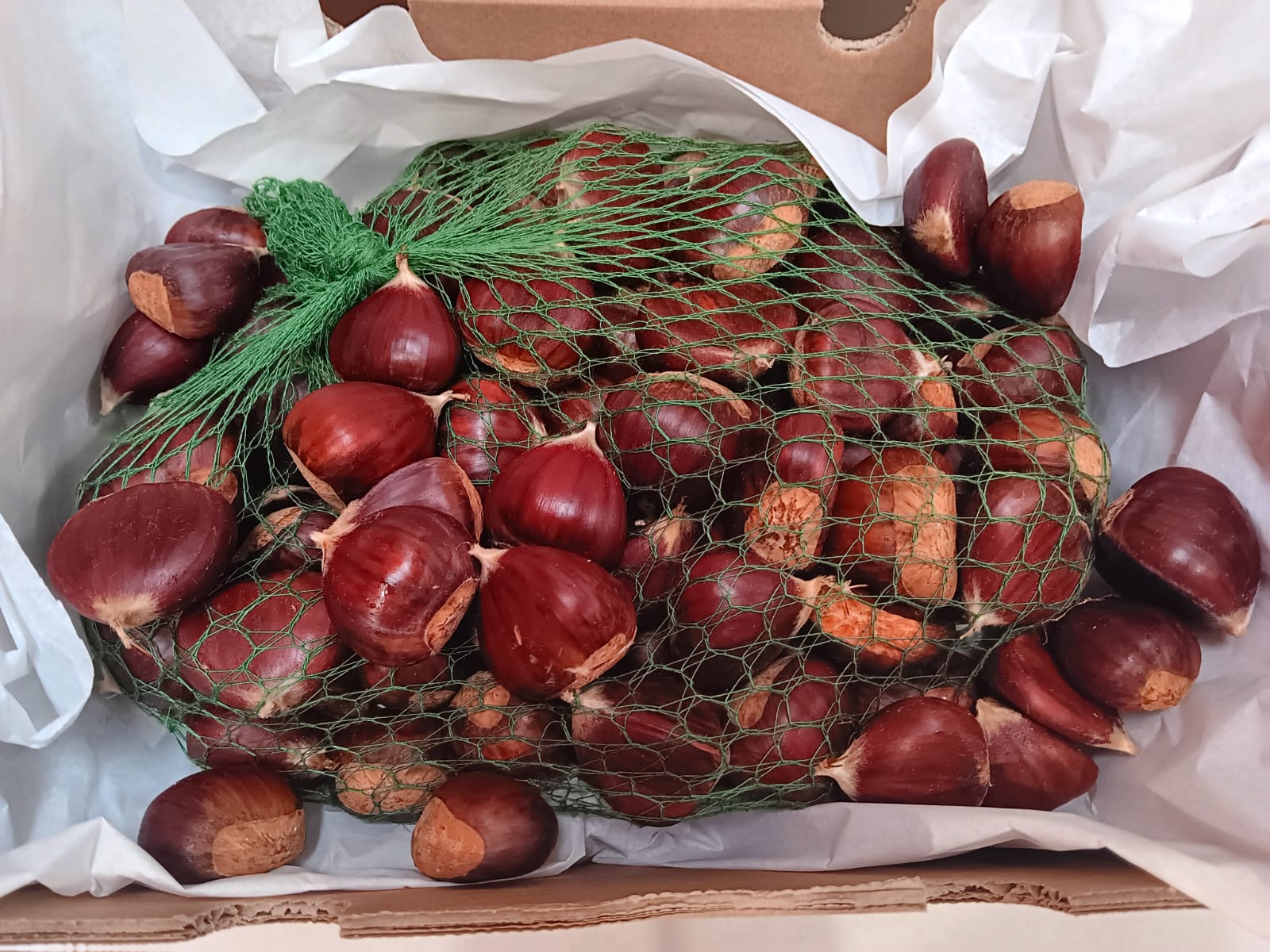 Caja con castañas en conversión a ecológico de la Sierra de las Nieves, listas para enviar desde Mediterranean Farmers.