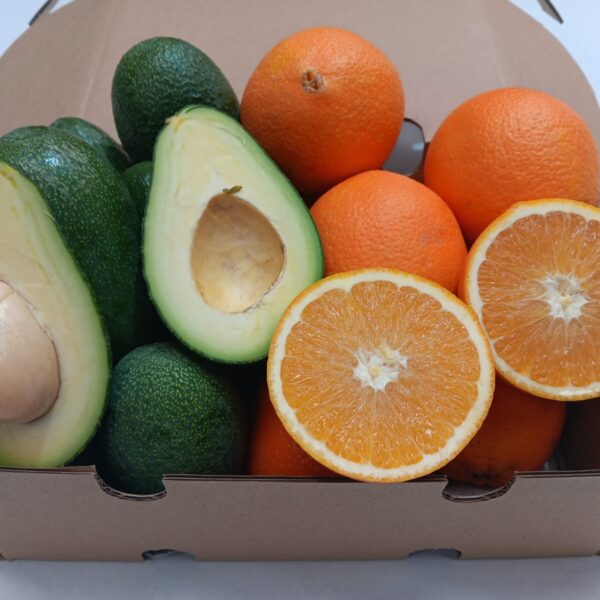 Caja mixta con aguacates Fuerte ecológicos y naranjas ecológicas recién recolectadas de la Axarquía.
