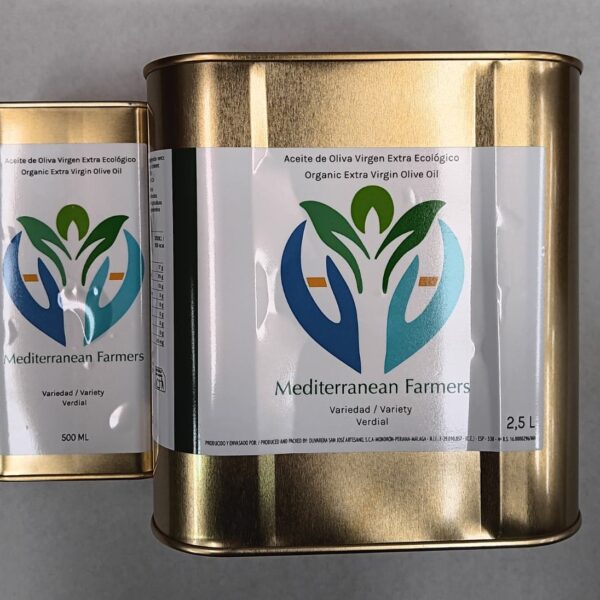 Aceite de oliva virgen extra ecológico Verdial en latas de 0,5 L y 2,5 L de la Axarquía
