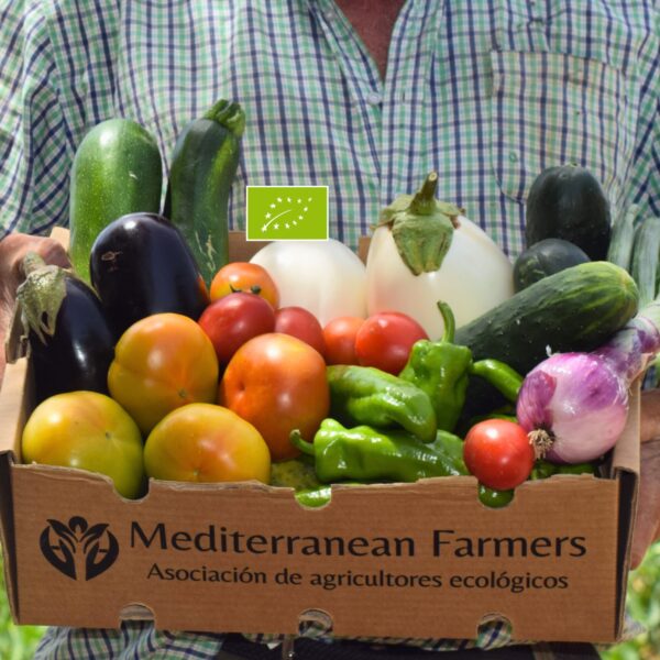 Caja de Ensalada Rescatada con tomate ecológico y una selección variable de verduras ecológicas de temporada.